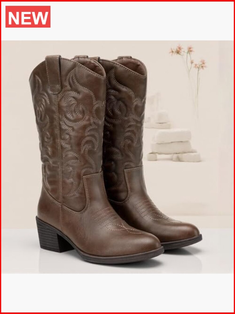 Women's Cowboy Boots Western Cowgirl Round Toe Mid Calf Pull On - Picture 3 of 7